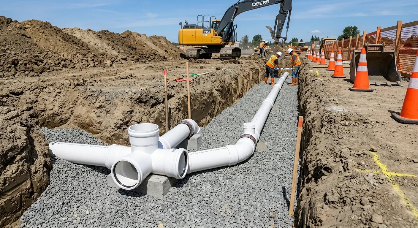 New PVC sewer pipe installation in open trench for Commercial Drain Cleaning in Fort Washington