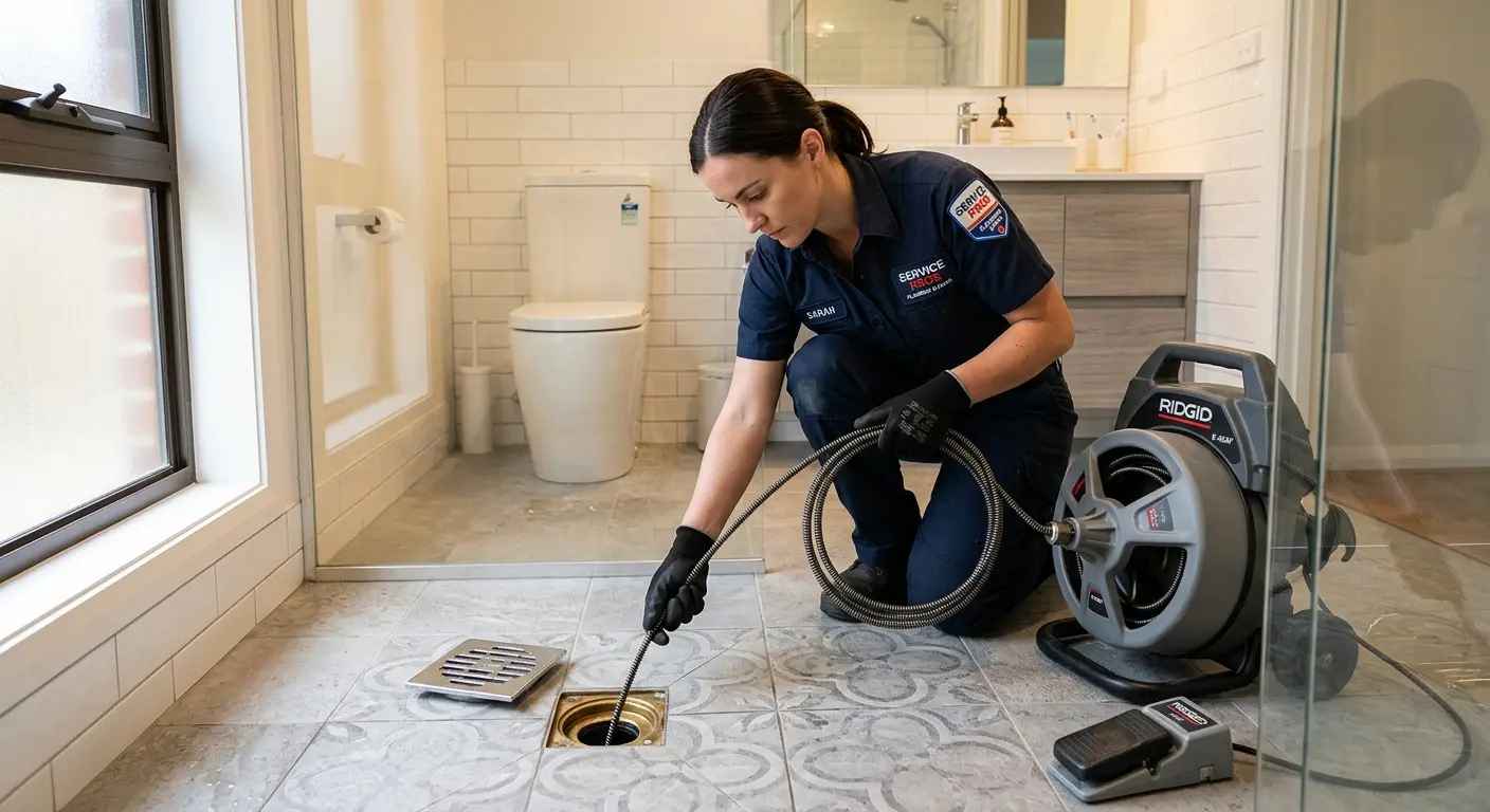 Technician clearing a bathroom floor drain for Hydro Jetting in Fort Washington